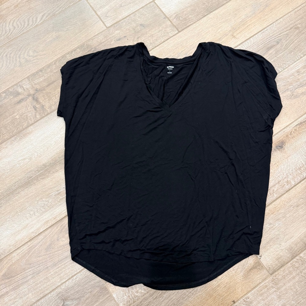 Express Relaxed Tee Black V-Neck Short Sleeve High Low Hem Top Large Womens